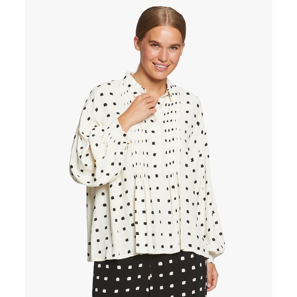 Masai Badisso Polka Dot Print Pleated Long Sleeve Blouse White Black M